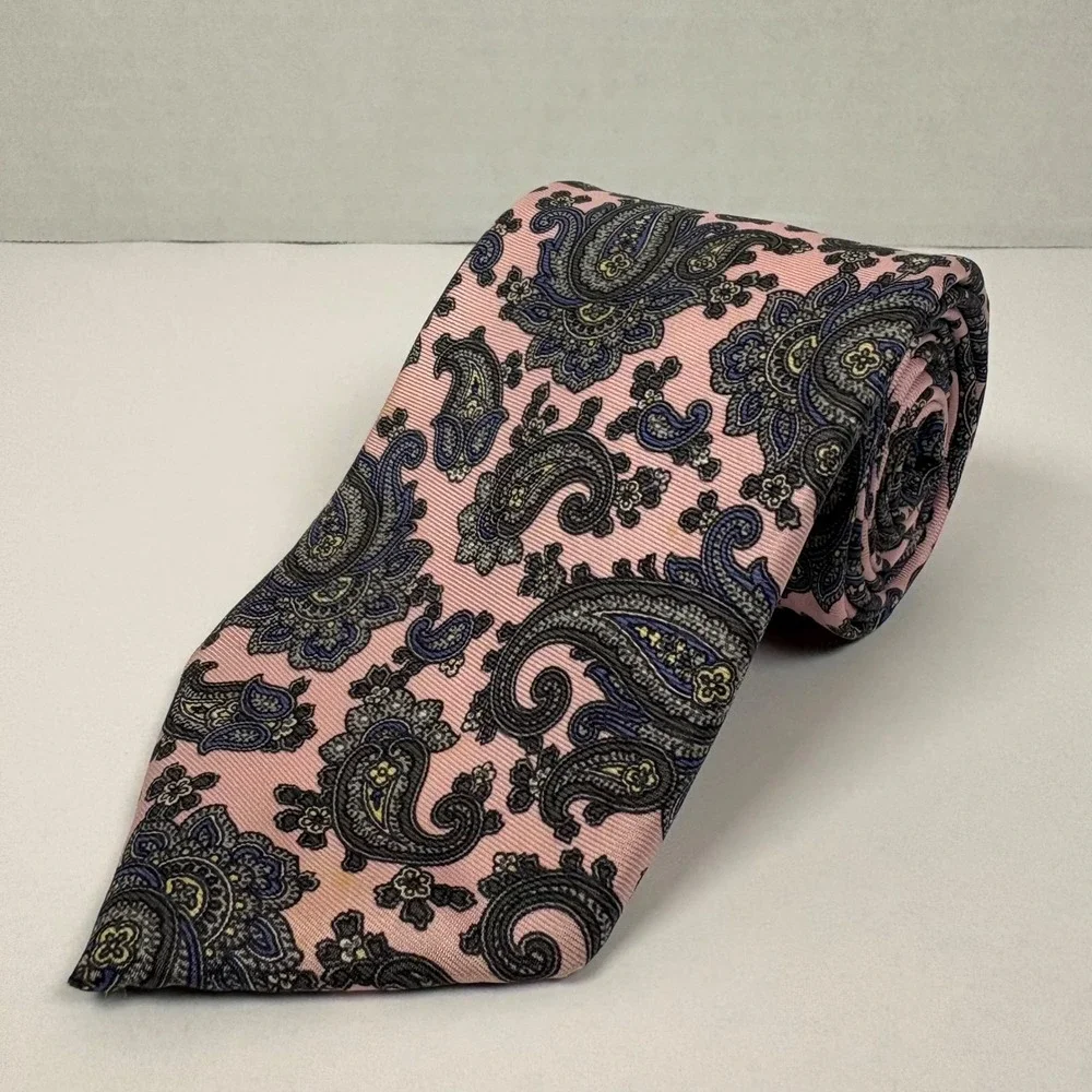 Christian Dior Mens Silk Paisley Tie Pink Blue Grey Made in USA Vintage